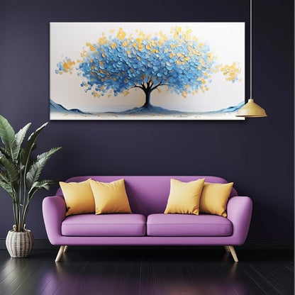 LAVIKARS Modern Tree of Life Wall Art for Living Room Office Navy Blue and Yellow Floral Abstract Landscape Canvas Painting Prints Large Nature Artwork Home Kitchen Bedroom Decor (28x58 Inches)