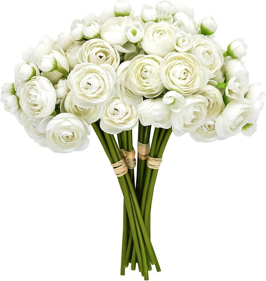 24 Pcs Ranunculus Artificial Flowers 10.5", Mini Faux Silk Ranunculus with Stem, Fake Flowers for Home Decor Indoor Wedding Bouquets Centerpieces (White)