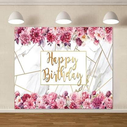 10x8ft Pink Floral Birthday Backdrop Girl Birthday Party Photography Background Watercolor Flower Marble Princess Women Bday Decorations Banner Cake Smash Photo Studio Props
