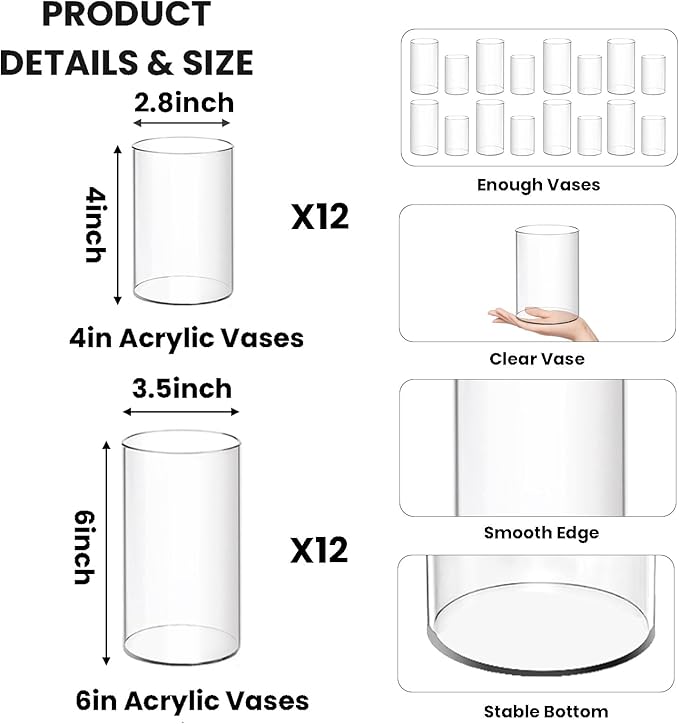 24 Pack Plastic Cylinder Vases, 6 Inch and 4 Inch Small Clear Acrylic Flowers Vases for Centerpiece Home Wedding Party, 2 Size