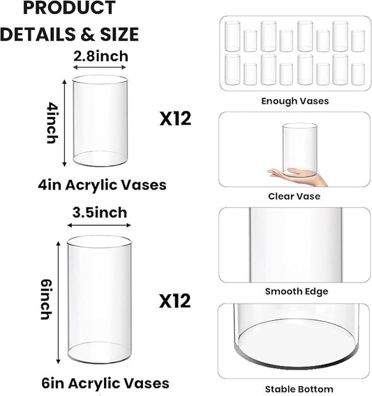 24 Pack Plastic Cylinder Vases, 6 Inch and 4 Inch Small Clear Acrylic Flowers Vases for Centerpiece Home Wedding Party, 2 Size