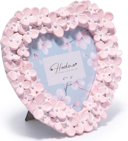 Hodao 4x4 Inch 3D Floral Heart Shaped Frame - Hand-Crafted Resin Picture Frame with White & Gold Accents for Wedding, Valentine’s Day & Romantic Home Decor (Pink-Heart)