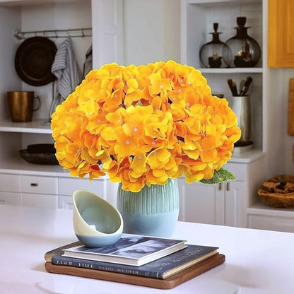 2Bouquets Artificial Fake Flowers Plants Silk Hydrangea Arrangements Wedding Bouquets Decorations Plastic Floral Home Kitchen Garden Party Festival Bar DIY(Yellow,5 Flower Heads)