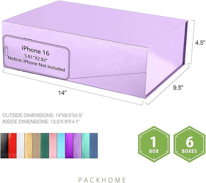 PACKHOME 6 Large Gift Boxes with Lids 13.5x9x4.1 Inches, Sturdy Collapsible Gift Boxes with Magnetic Closure (Glossy Light Purple)