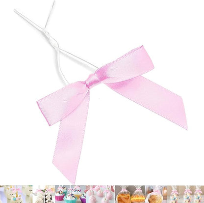 50 PCS 3 Inches Satin Bow Twist Ties, Ribbon Twist Tie Bows for Treat Bags, Pink Pretied Bows, Twist Bows, Tied Bows with Wire for Bags, Pre Tied Ribbon Bows for Baby Shower, Favors, Popcorn