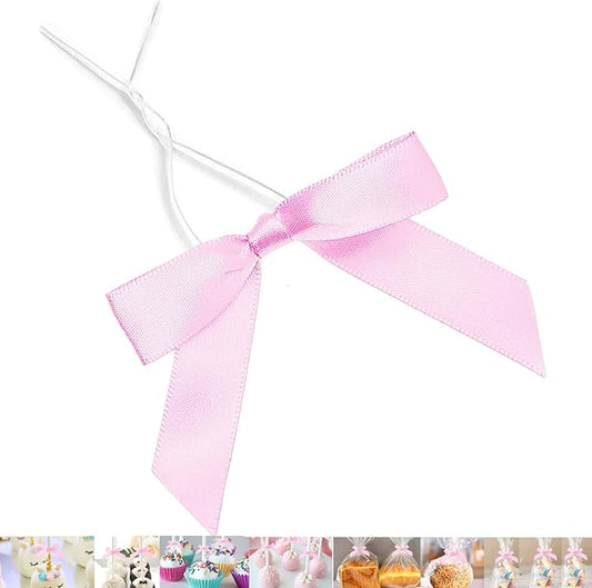 50 PCS 3 Inches Satin Bow Twist Ties, Ribbon Twist Tie Bows for Treat Bags, Pink Pretied Bows, Twist Bows, Tied Bows with Wire for Bags, Pre Tied Ribbon Bows for Baby Shower, Favors, Popcorn
