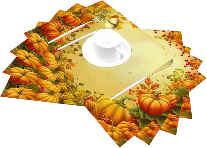 PVC Placemats Set of 1 Wipeable Table Mats Washable Heat Resistant Non Slip Vinyl Dining Table Mat for Kitchen Indoor Outdoor Patio Farmhouse Place Mats Thanksgiving Pumpkin Leaf Decorative