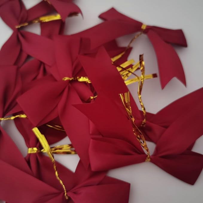 50pcs 3-1/2" Burgundy Twist Ties Satin Wine Color Bows with Twist Tie Bows Fish Tail Cutting(Burgundy)