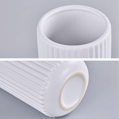 White Ceramic Flower Vase for Pampas Grass, 8 inch Small Decorative Centerpiece Ribbed Vase for Dining Table, Office Desktop, Shelf Bookshelf, Mantel, Entryway, Bathroom, Countertop, Farmhouse, Gift