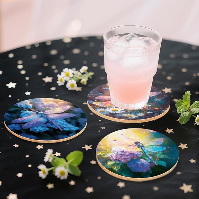 ANATTASOUL Coasters Set of 9 Fantasy Dragonfly Pattern Colorful Wooden Coasters Bulk Round Housewarming Gift for New Home, 3.9" Decorative Coffee Table Protection for Farmhouse Bar House Decor