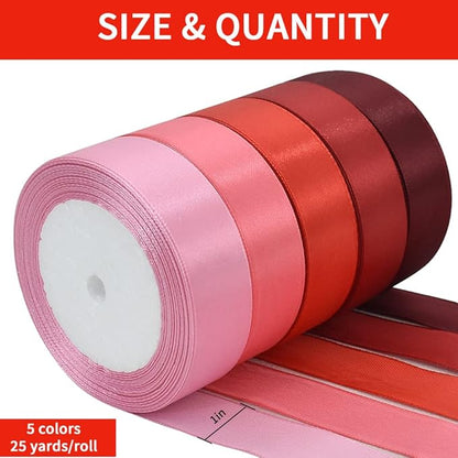 TONIFUL 1 Inch x 125 Yards 5 Colors Satin Ribbon Rolls, Mixed Red Color Set Fabric Ribbon for Gift Wrapping Embellish Wedding Birthday Party Decoration Bow Making Floral Craft Sewing（red）