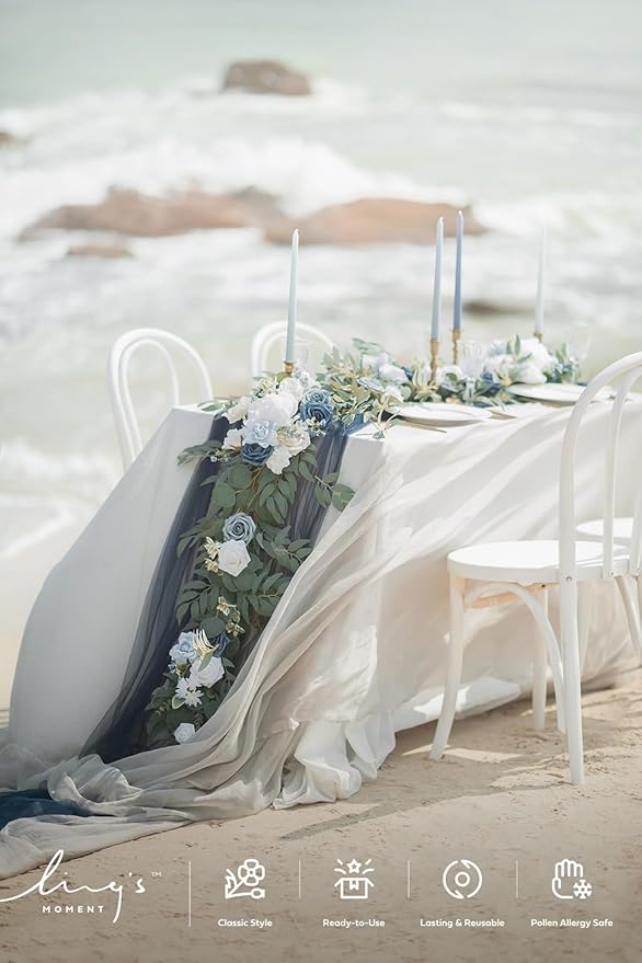 Ling's moment Flower Garland - 6FT Eucalyptus & Rose - Sweetheart Table Decor for Wedding Reception, Artificial Arch Floral Garland for Mantle, Christmas, Beach Decoration, Dusty Blue & White