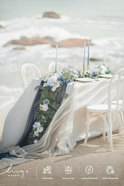 Ling's moment Flower Garland - 6FT Eucalyptus & Rose - Sweetheart Table Decor for Wedding Reception, Artificial Arch Floral Garland for Mantle, Christmas, Beach Decoration, Dusty Blue & White