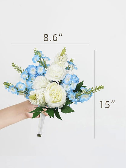 Rinlong 1Pc Baby Blue Bridesmaids Bridal Bouquet Artificial Delphinium Wedding Bouquets for Bride Bridesmaid Silk Bouquet for Wedding Prom