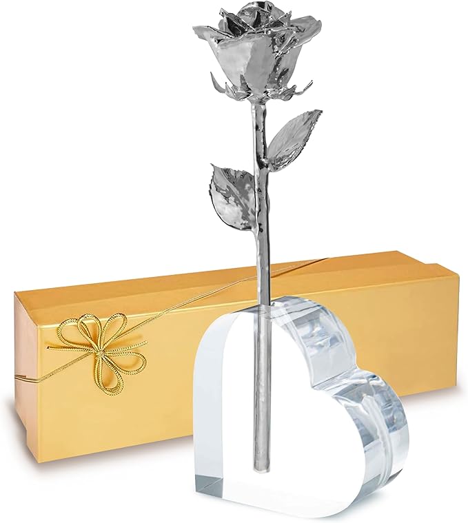 Forever Rose Real Rose Dipped in Platinum, Handcrafted Preserved Rose in Acrylic Heart Vase and Luxury Gold Gift Box, Romantic Gift for Her, Elegant Keepsake for Any Occasion