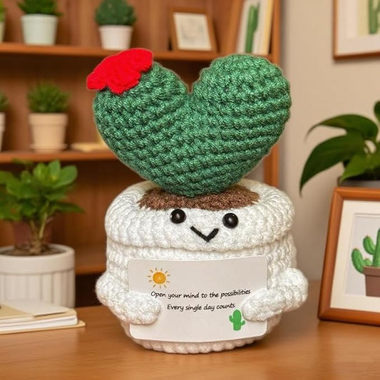 Hand Crochet Knitted Potted Rose Bouquet Creative Knitted Potted Plant mini Cute Home Desktop Decorations and Gifts for Friends, Lovers, classmates (Cactus)