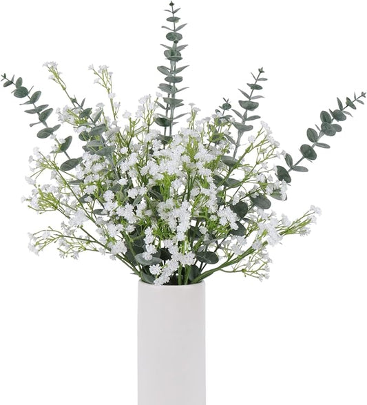 DEEMEI 18pcs Babys Breath Artificial Flowers Fake Eucalyptus Leaves Flowers Bouquet Artificial White Gypsophila Bouquets Real Touch Faux Flowers for Wedding Floral Arrangement Party Home Decoration