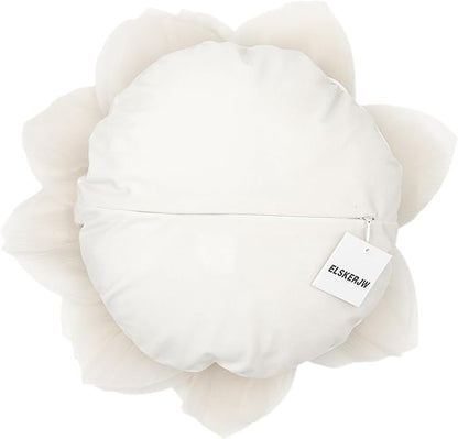 Handmade 3D Flower Round Throw Pillow Cover Elegant Decorative Floral Accent Pillow Case Cute Velvet Cushion for Bed Couch Car Chair Bedroom Boho Farmhouse Home Decor 12 Inch Cream White