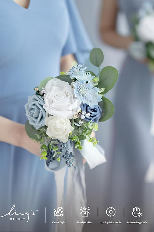 Ling's moment Artificial Flowers Dusty Blue Bridesmaid Bouquet Set of 6, Blue & White Wedding Flowers Bouquets for Bridesmaids, 7 Inch Bridal Bouquets for Bridesmaids