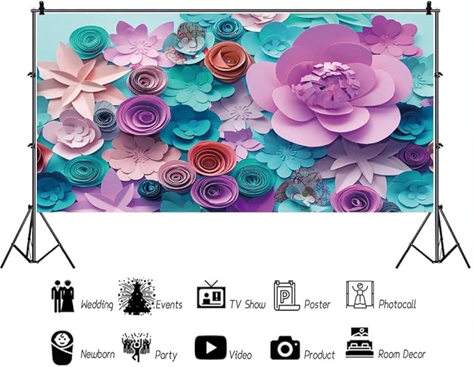AOFOTO 15x8ft Handmade 3D Paper Flower Backdrop Birthday Party Decoration Photography Background Baby Shower Kid Girl Woman Artistic Portrait Activity Banner Photo Shoot Studio Props Vinyl Wallpaper