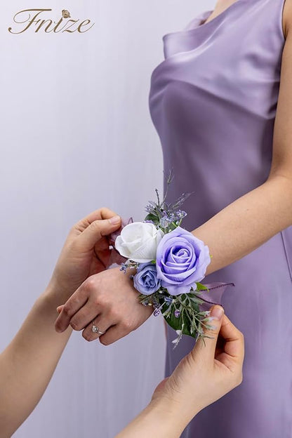 Fnize Purple Corsage and Boutonniere Set for Bride Groom Bridesmaids Groomsmen Wedding Homecoming Flowers Prom Suit Accessories, Rose Boutonniere and Wrist Corsage Flower