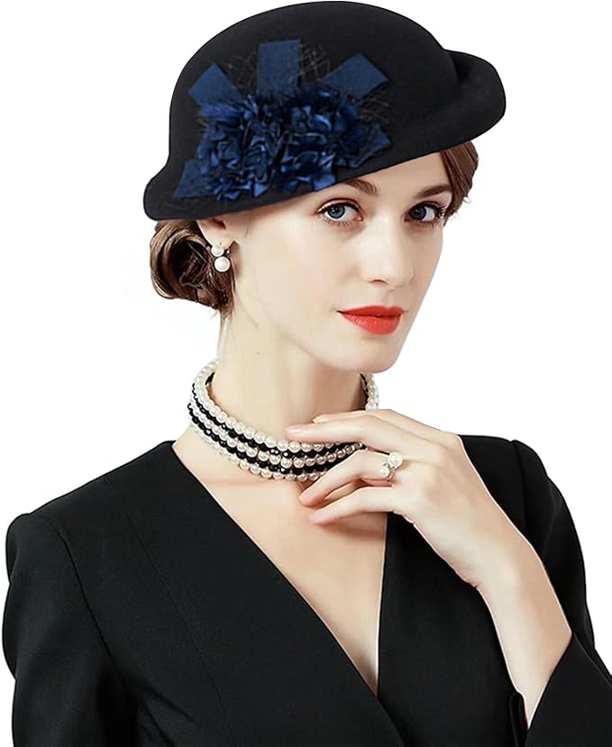 ORIDOOR Women Vintage 100% Wool Felt Flowers Bucket Cloche Bowler Hat Church Wedding Beret Hat