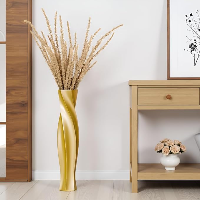 Tall Vases - 23.6" Tall Floor Vase for Home Decor, Floor Vases, Black Hexagon Twist Floor Vase, Fits Into Hay/Pampas Grass, Living Room, Office, Wedding Decor (Resin Gold)