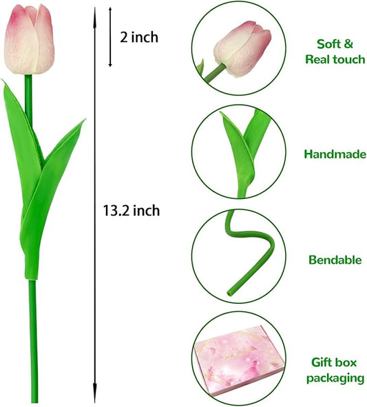28pcs Pink Flowers Artificial Tulip Stems Real Feel PU Tulips for Easter Spring Wreath Wedding Bouquet Centerpiece Floral Arrangement Cemetery Table Décor 13" Tall