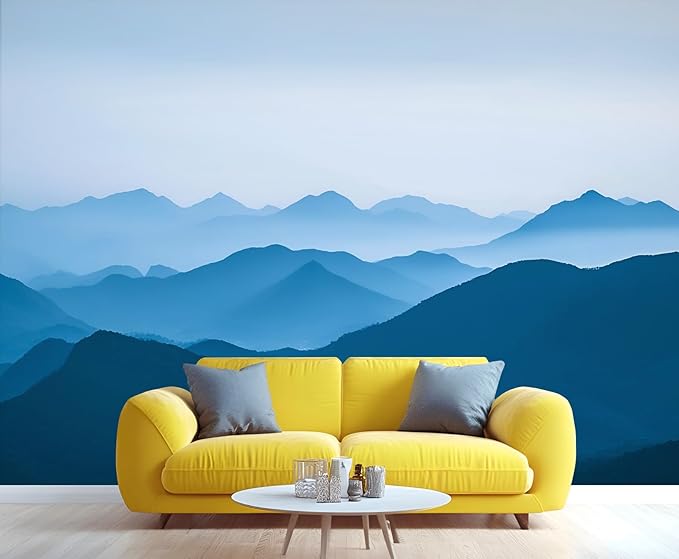 Minimalist Blues Mountain Wall Mural, Misty Layered Hills 3D Wall Murals, Serene Misty Mountains Wallpaper Mural, for Living Room Bedroom Large Wallpaper Indoor Decor 98.4" W x68.9 H