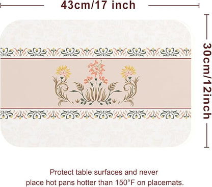 ISAENNE Floral Placemats Set of 6,Brown Rectangular PVC Placemats, Waterproof and Heat-Resistant British Style.Decoration for Kitchen, Dining, Parties, Holiday,12"*17"