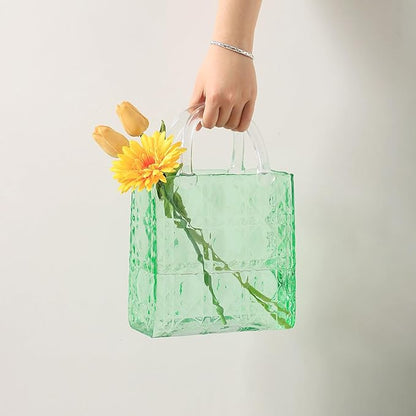 Purse Vase, Glass Bag Vase, Glass Purse Vase for Flowers, Green Vases, 12 Inch Large Flower Vases with Embossed Pattern for Wedding, Living Room, Bedroom, Table, Office(Tote)