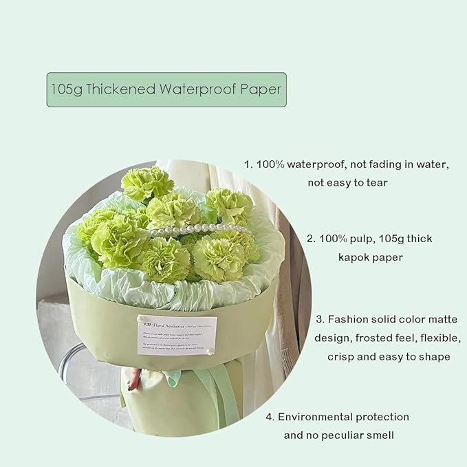 FWSA WRAPS Korean Flower Wrapping Paper Roll Green Matte Bouquet Wrap Florist Paper, 105G Thicken waterproof DIY Art Packaging Kraft Paper 23.23 x 288 inches (Color 11 (Matcha Green))