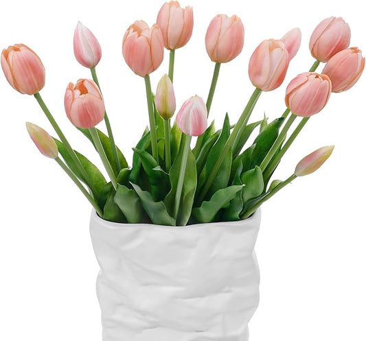 15 Pcs Fall Pink Artificial Flowers Tulips Real Touch Latex Plastic Soft Faux Bouquets for Party, Wedding, Home, Room, Garden Decor
