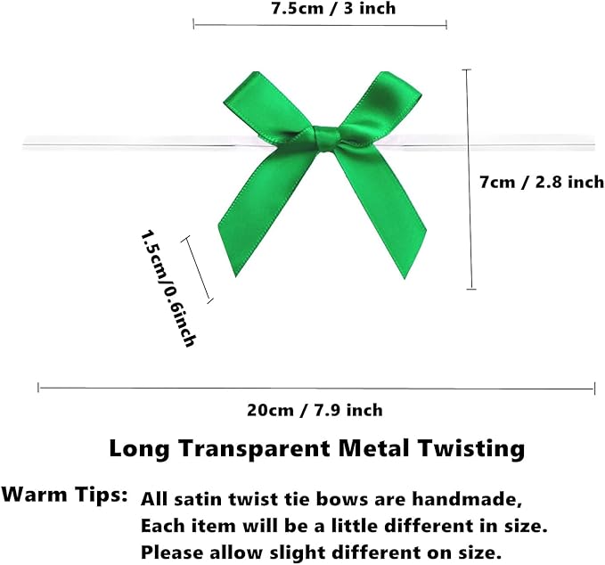 100 Pieces 3 inch Satin Ribbon Twist Tie Bows, Pretied Bows with Twist Ties, Twist Bows Treats Bags, Bow Ties for Treats, Cake Pops, Baby Shower, Crafts, Gift Wrapping Favors, Cookies (Green)
