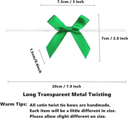 100 Pieces 3 inch Satin Ribbon Twist Tie Bows, Pretied Bows with Twist Ties, Twist Bows Treats Bags, Bow Ties for Treats, Cake Pops, Baby Shower, Crafts, Gift Wrapping Favors, Cookies (Green)