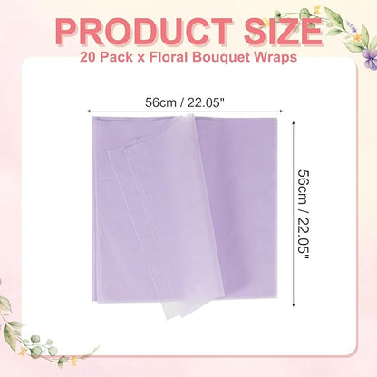 YELARXI Flower Wrapping Paper, Cotton Wrapping Flower Paper, Non-Woven Waterproof Floral Bouquet Wraps - Fitting for (Florist Supplies/Gift) 22 x 22 Inch & 20 Pack & Light Purple