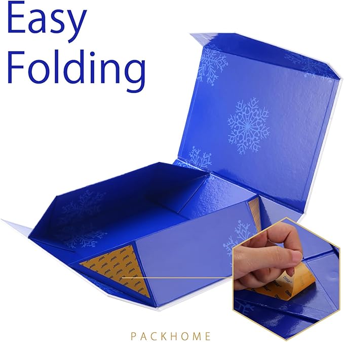 PACKHOME 6 Large Christmas Gift Boxes with Lids 13.5x9x4.1 Inches, Sturdy Collapsible Gift Boxes with Magnetic Closure (Blue Snowflake Pattern)
