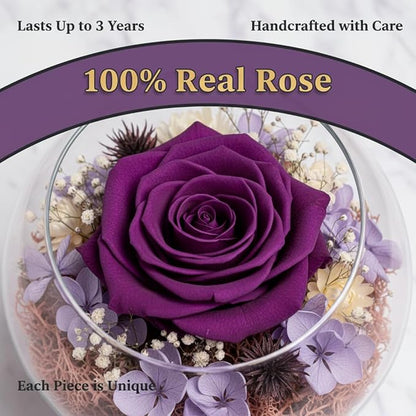 Eternal Preserved Real Rose, Glass Dome Gift Set with 18 Scented Candles (9 Rose,9 Vanilla), Mother's Day Valentine Christmas Birthday Gift for Women Mom Girlfriend Wife Home Decor (Dark Purple)
