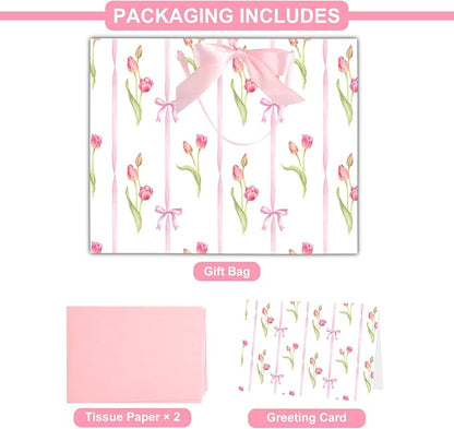 ASYEH NR 13" Large Size Pink Floral Gift Bag Tulip and Bows Pattern Gift Bag with Greeting Card Tissue Paper for Girls Women Birthday Baby Shower Wedding Mother's Day Valentine's Day Supplies