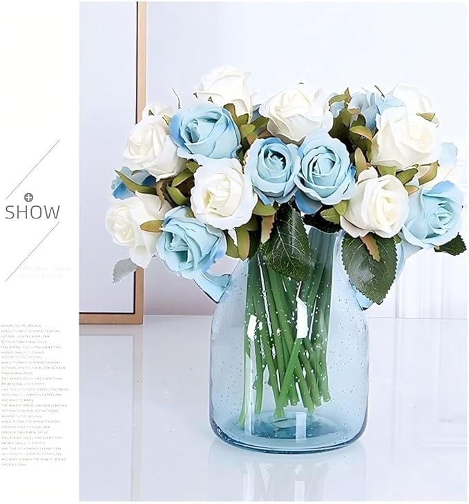 Jasion Artificial Roses Flowers 12 Heads Arrangement Silk Bouquet for Home Office Parties Bridal and Wedding Decoration (Blue and White)