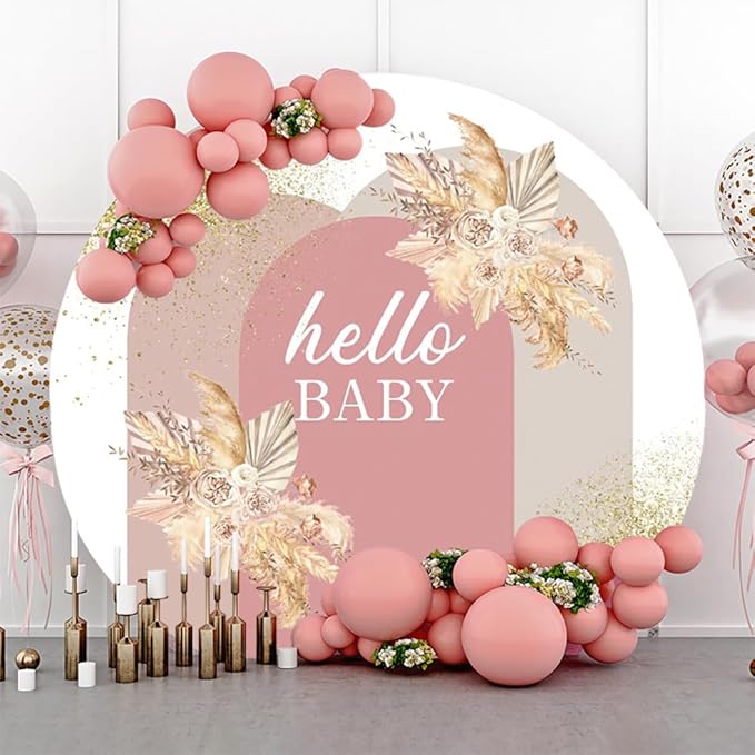 AOFOTO 4x4ft Boho Baby Shower Round Backdrop Cover Bohemian Chic Pink Arch Cover with Flowers Hello Baby Theme Photography Background Newborn Birthday Party Decorations Banner Photo Booth Props
