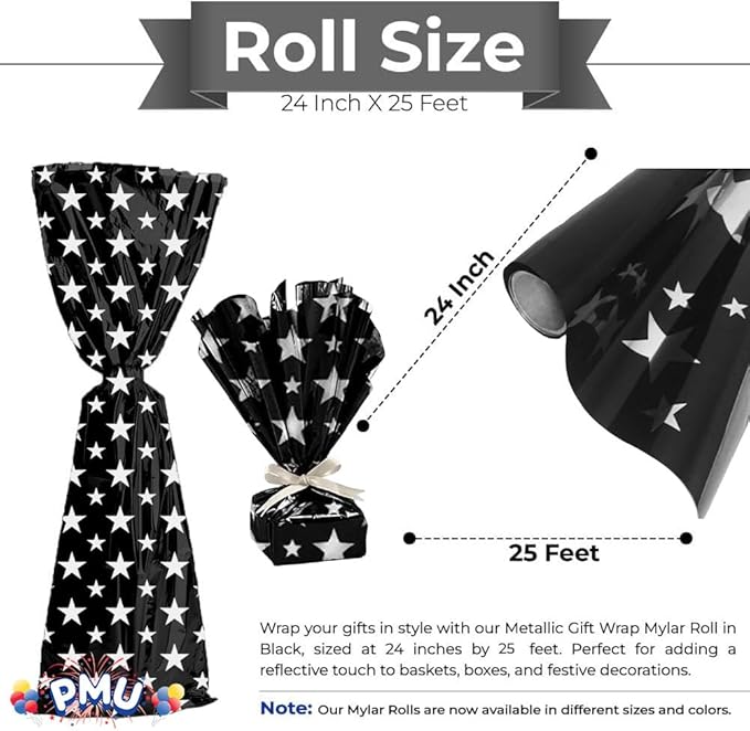 PMU Gift Wrap Mylar Roll Metallic Black with Silver Multi Stars 2-sided, 30 Inches X 25 Ft Roll 1.4 Mil Highly Reflective Mylar Film, Great for Gifts, Birthdays, Christmas, Baskets, Arts & Crafts
