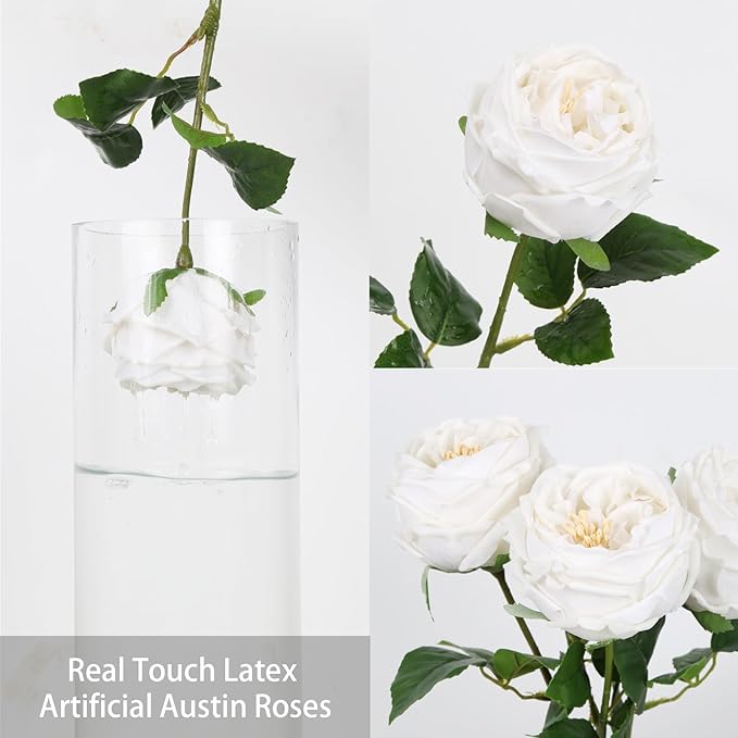 IPOPU White Roses Artificial Flowers,5PCS Real Touch Austin Roses Faux Peony Flowers Stems for Wedding Bouquet Party Home Decor(White)