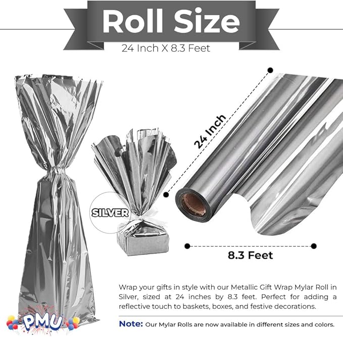 PMU (2 Gift Wrap Mylar Roll Metallic Silver 2-sided, 24 Inches X 8.3 Ft Roll 1.4 Mil Highly Reflective Mylar Film, Great for Gifts, Birthdays, Christmas, Baskets, Arts & Crafts