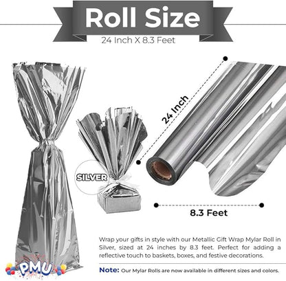 PMU (2 Gift Wrap Mylar Roll Metallic Silver 2-sided, 24 Inches X 8.3 Ft Roll 1.4 Mil Highly Reflective Mylar Film, Great for Gifts, Birthdays, Christmas, Baskets, Arts & Crafts