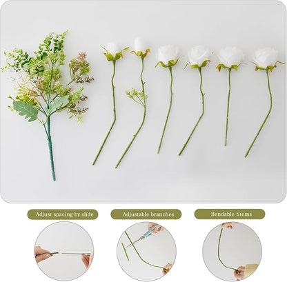 Artificial Flowers Combo White Flowers Mix Silk Flowers Rose, fake flowers for DIY Wedding Bridal Bouquets, Floral Arrangement, Table Centerpieces. Fake Plastic Flowers Bulk Vase Decoration