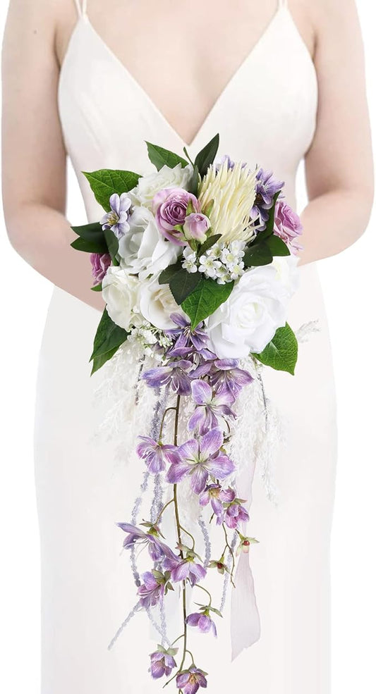 Bridal Bouquet,9 Inch Wedding Bouquets Purple and White Fake Wedding Silk Flowers for Ceremony Anniversary Brides Shower(Purple)