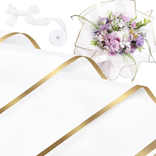 Jutieuo 20 Sheets White Flower Wrapping Paper, Waterproof Floral Wrap Gold Edge Bouquet Wrapping Paper Florist Supplies (22.8 x 22.8 inch)
