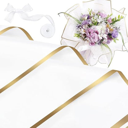 Jutieuo 20 Sheets White Flower Wrapping Paper, Waterproof Floral Wrap Gold Edge Bouquet Wrapping Paper Florist Supplies (22.8 x 22.8 inch)