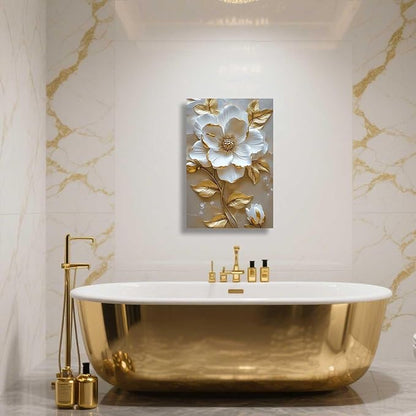 ZSHARTSWD Abstract White & Gold Floral Canvas Wall Art Elegant Flowers Pictures Prints White Flower Golden Leaves Painting Living Room Bathroom Decor Framed (Beige, 18L x 12W)